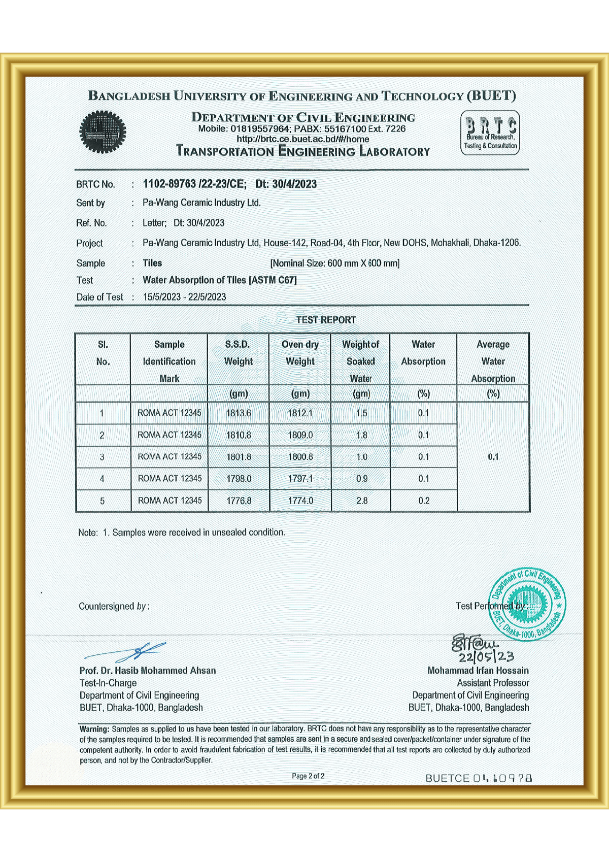 BUET-Water Absorption of Tiles Test Report